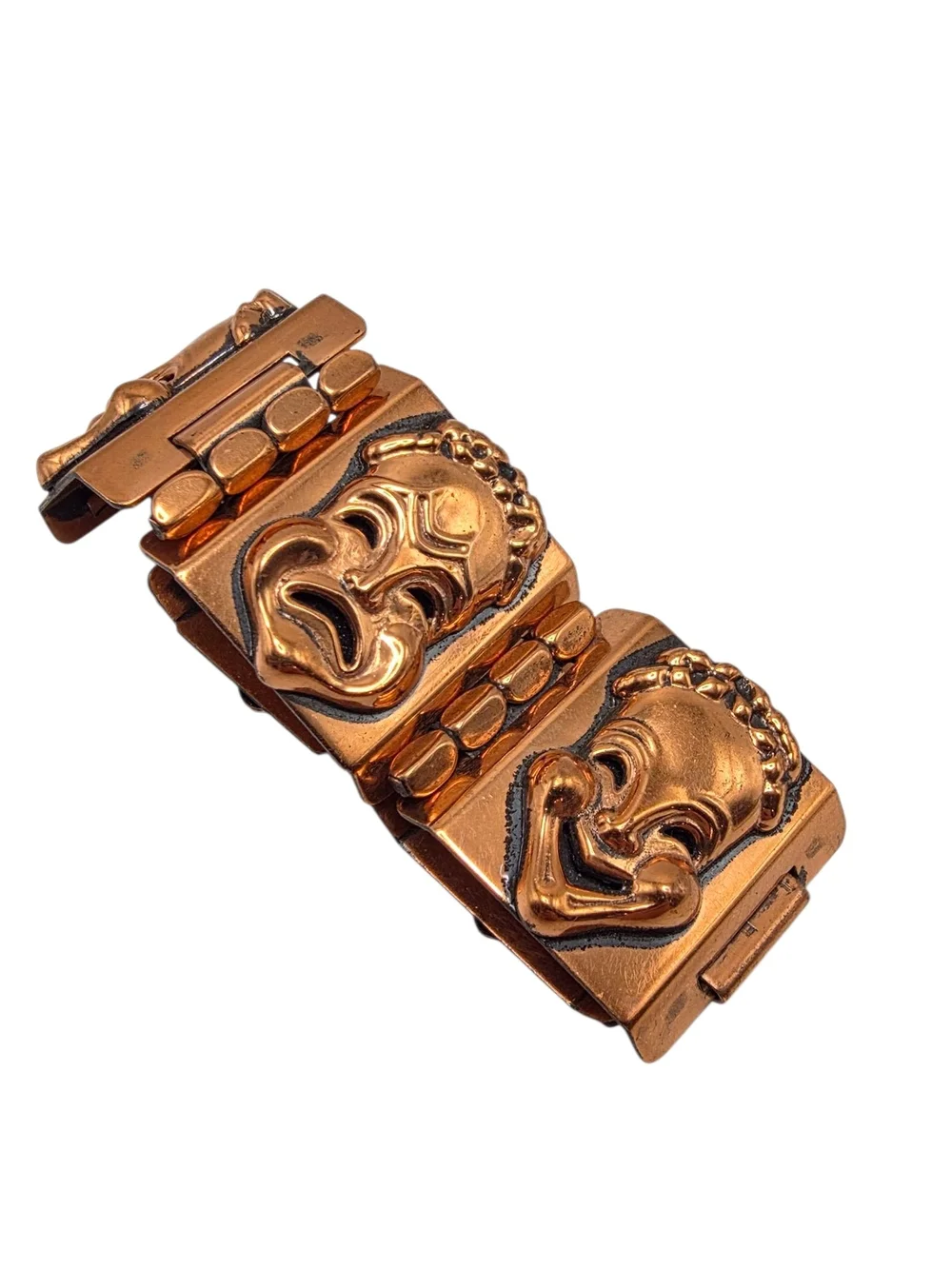 Vintage Renoir Copper Theater Mask Link Bracelet Mid Century Modern Drama Art